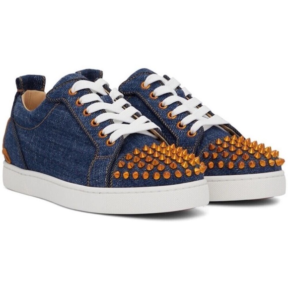 Christian Louboutin Navy Fun Louis Junior Spikes Sneakers Denim Blue 44 EU 11 US - Picture 2 of 5